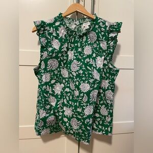 J. Crew Green and White Floral Blouse